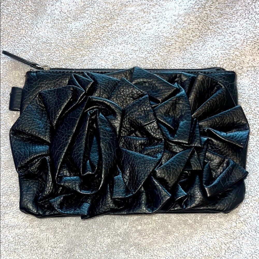 Like New Black Ruched Rose Faux Leather Clutch